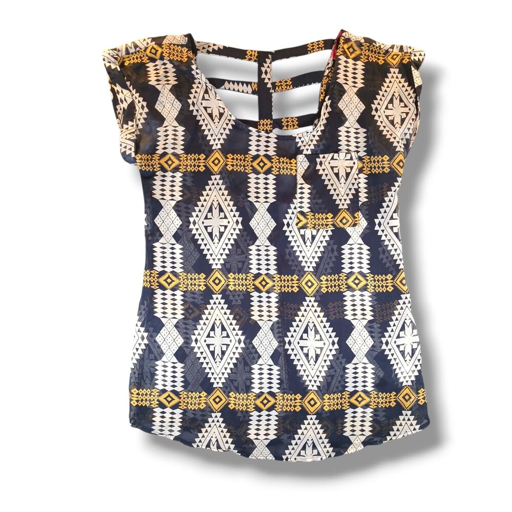 Shasa Multicolor Geometric Print Blouse Cut Out Back Cap Sleeves Bohemian Size S